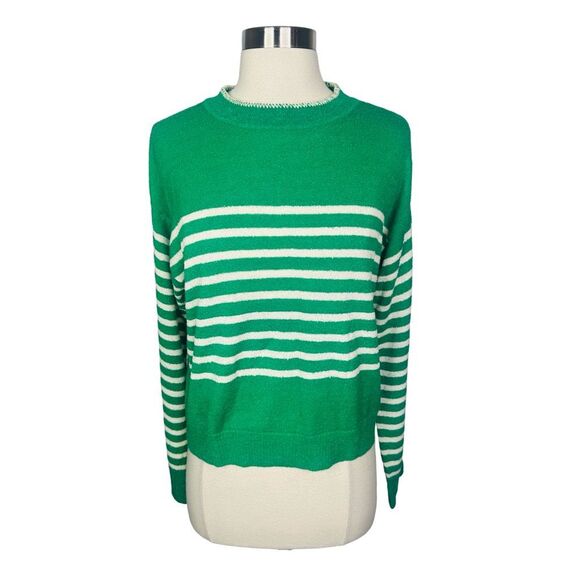 Monrow Boucle Knit Stripe Sweater - Parsley / Cream - Size Medium - Picture 2 of 5